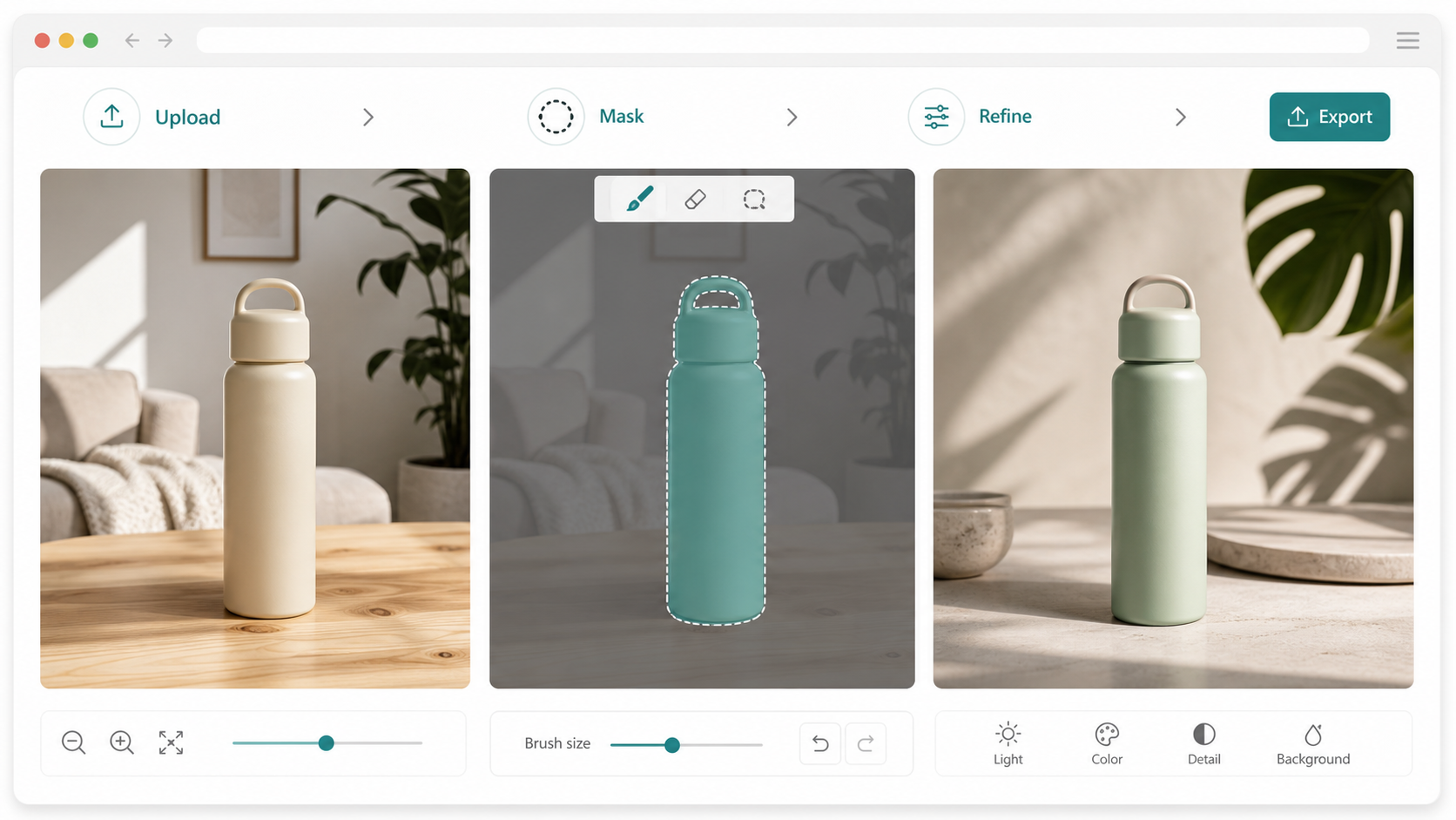 Reference image editing workflow in a browser editor
